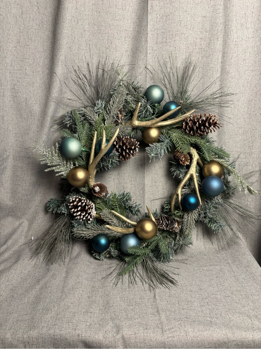Holiday Pine and Ornament Wreath with Blue and Gold Accents
